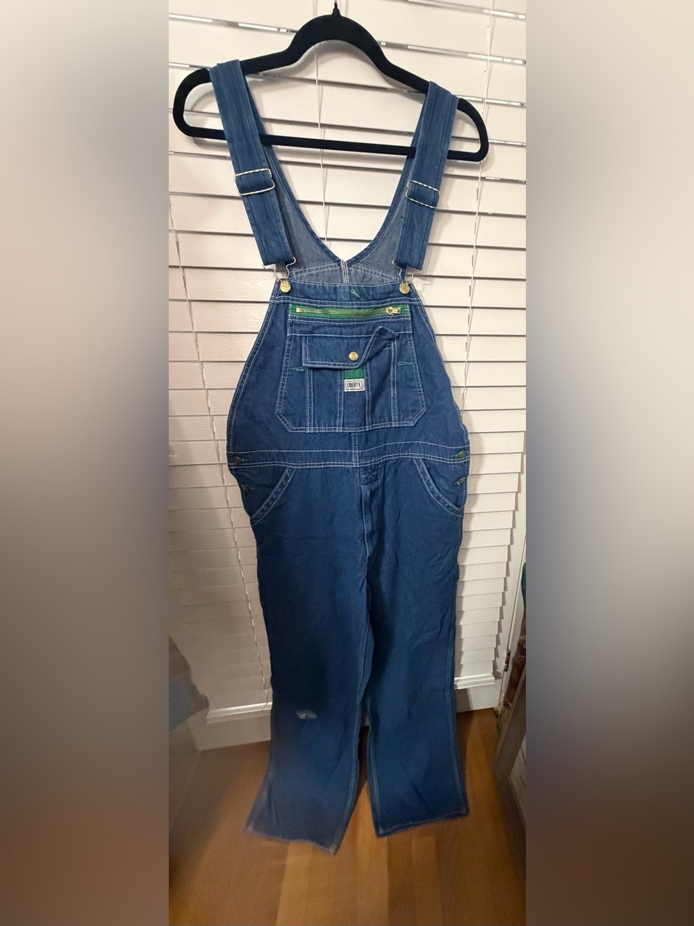 Liberty Blue Denim Overalls with Green Trim